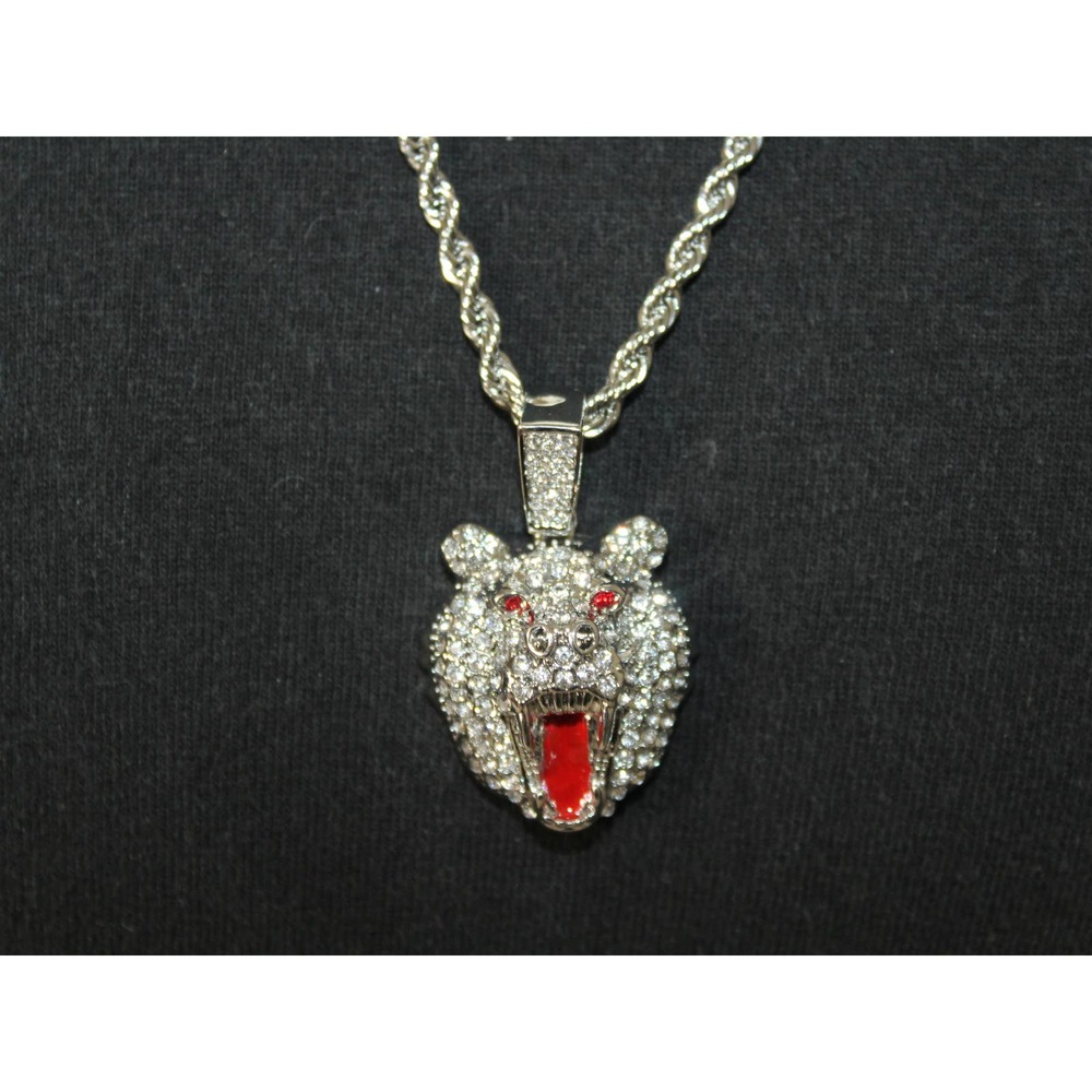 Silver Plated Bear Iced Pendant & 4mm 24" Rope Chain Hip Hop Rap Fashion